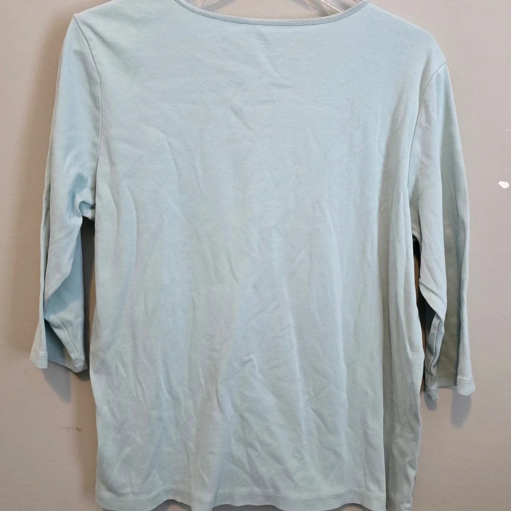 CJ Banks Women 1X Light Blue 100% Cotton 3/4 Sleeve Scoop Neck T-Shirt Top Beach